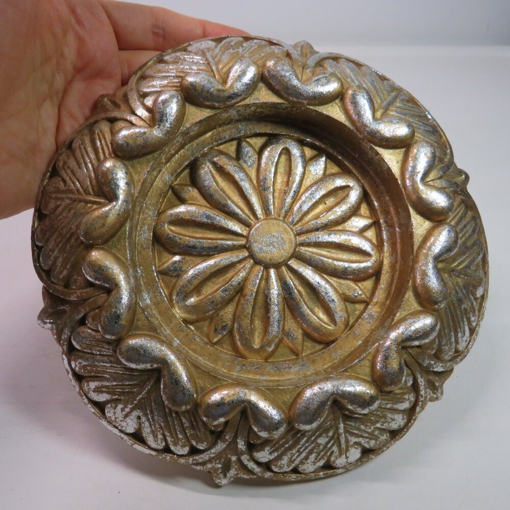 Vintage Medallion Art Deco Victorian Design Gold w Silver Leaf flat back HEAVY